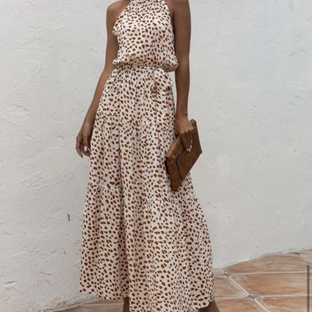 Boho cream brown dot belted halter maxi dress - Picture 8 of 8